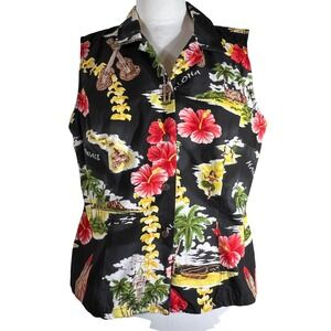 Alohawears Womens XL Sleeveless Hawaiian Shirt Black Cotton Hibiscus Hula‎ Print